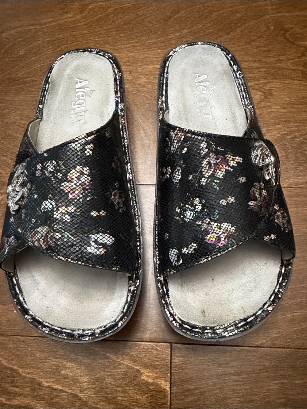 Alegria Black Floral Slide Sandals with Silver Accent